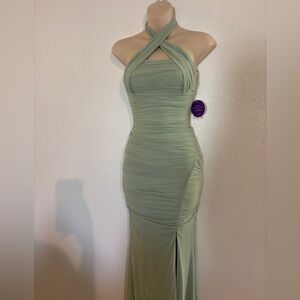 Windsor Green Halter Ruched Bodycon Dress